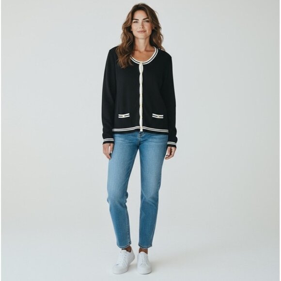 Mango MNG Black White Contrast Trim Cardigan Large Gold Button Sweater Old Money - Picture 1 of 8